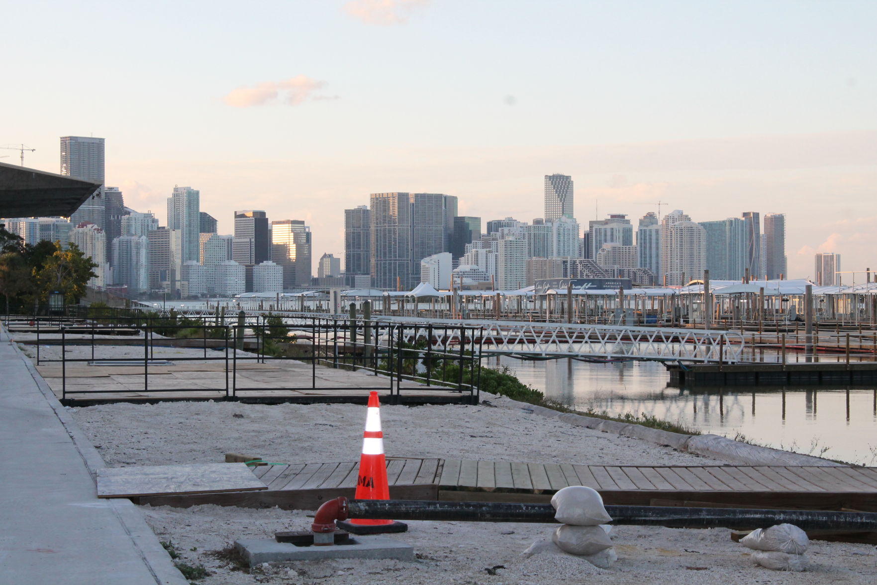 Downtown Miami skyline is the backdrop for the temporary boat docking stations at the 2019 show.